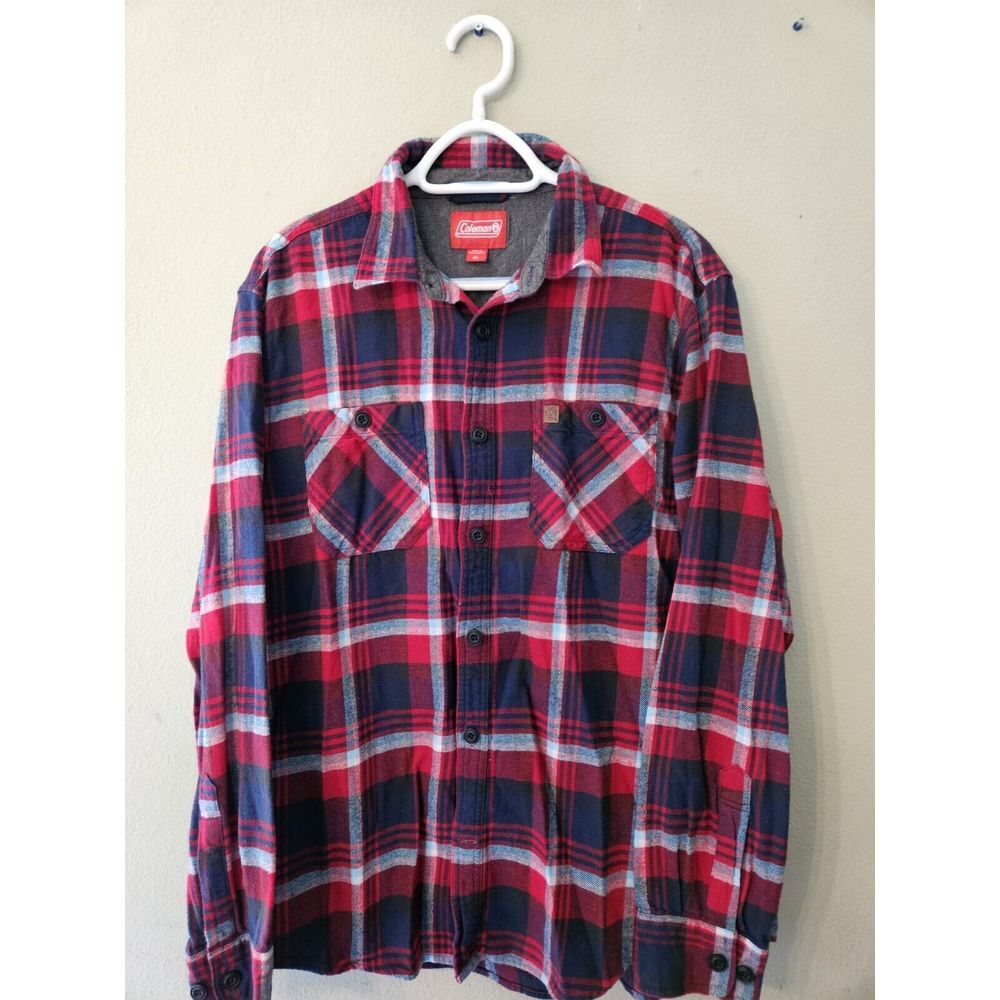 Coleman Shirt Men XL Red Plaid Flannel‎ Long Sleeve Button Up 100% Cotton
